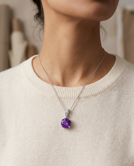 Amethyst And Diamond Round Dangle Pendant In 14kw, 18 Inch Chain — editorial close-up