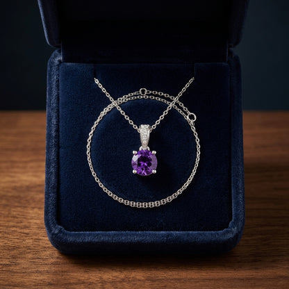 Amethyst And Diamond Round Dangle Pendant In 14kw, 18 Inch Chain — gift presentation