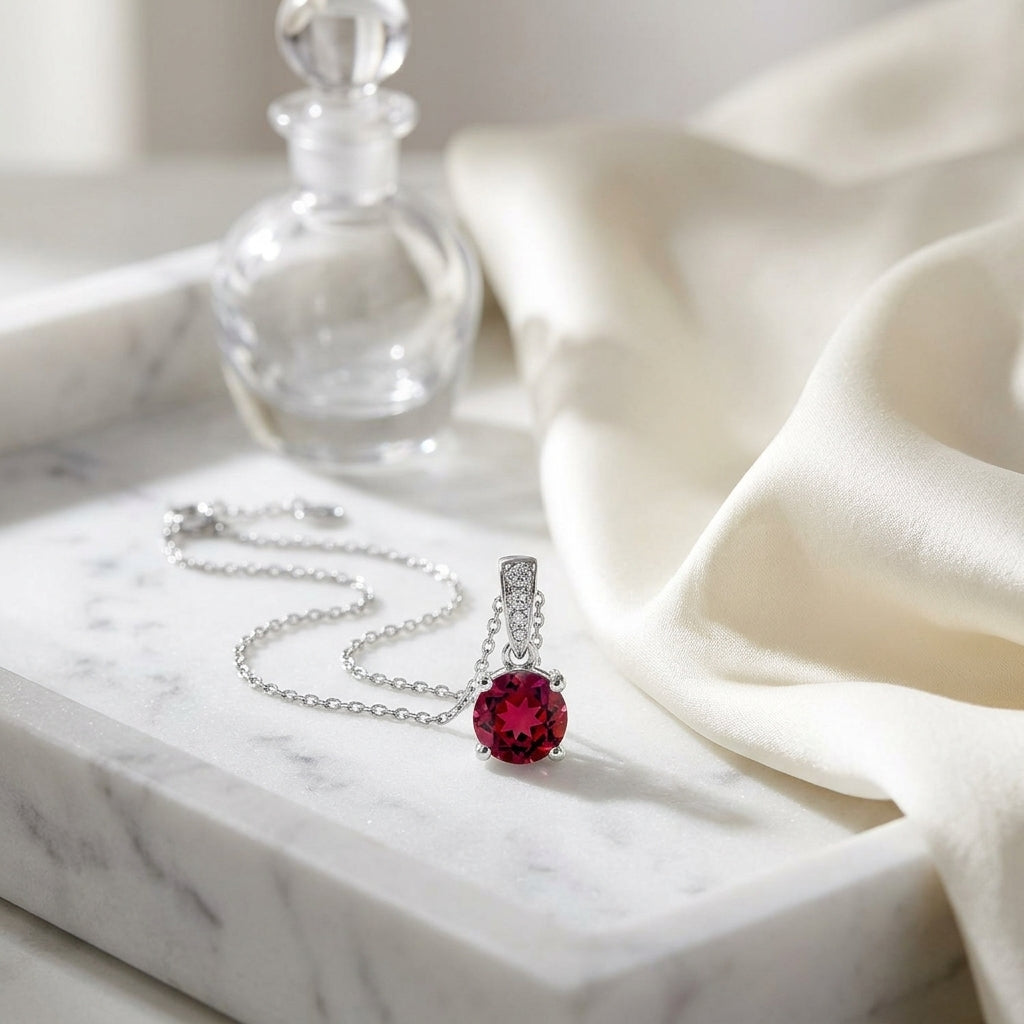 Ruby Round Solitaire Pendant With Diamond Bail In 14k White Gold (18-in Curb Chain) — atelier still life
