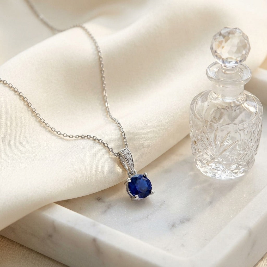 Sapphire Round Solitaire Pendant With Diamond Bail In 14k White Gold (17-in Curb Chain) — marble silk