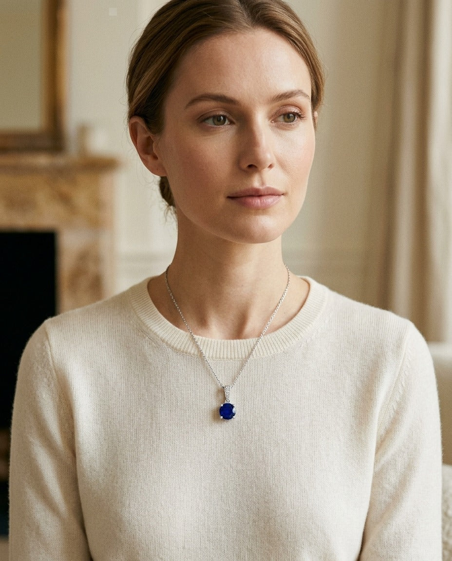 Sapphire Round Solitaire Pendant With Diamond Bail In 14k White Gold (17-in Curb Chain) — portrait close