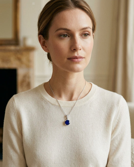 Sapphire Round Solitaire Pendant With Diamond Bail In 14k White Gold (17-in Curb Chain) — portrait close