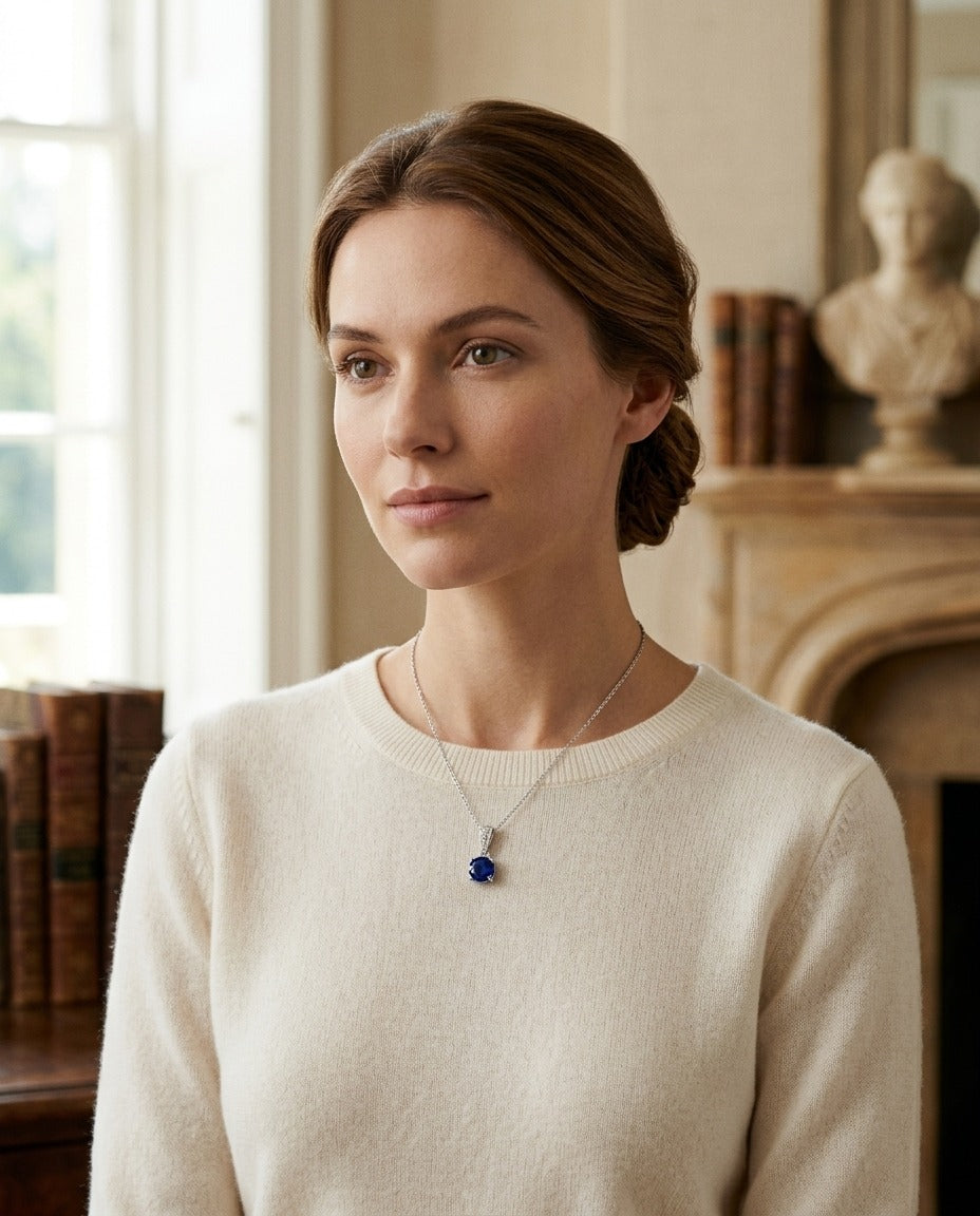 Sapphire Round Solitaire Pendant With Diamond Bail In 14k White Gold (17-in Curb Chain) — portrait full