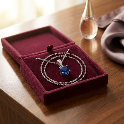 Sapphire Round Solitaire Pendant With Diamond Bail In 14k White Gold (17-in Curb Chain) — velvet box