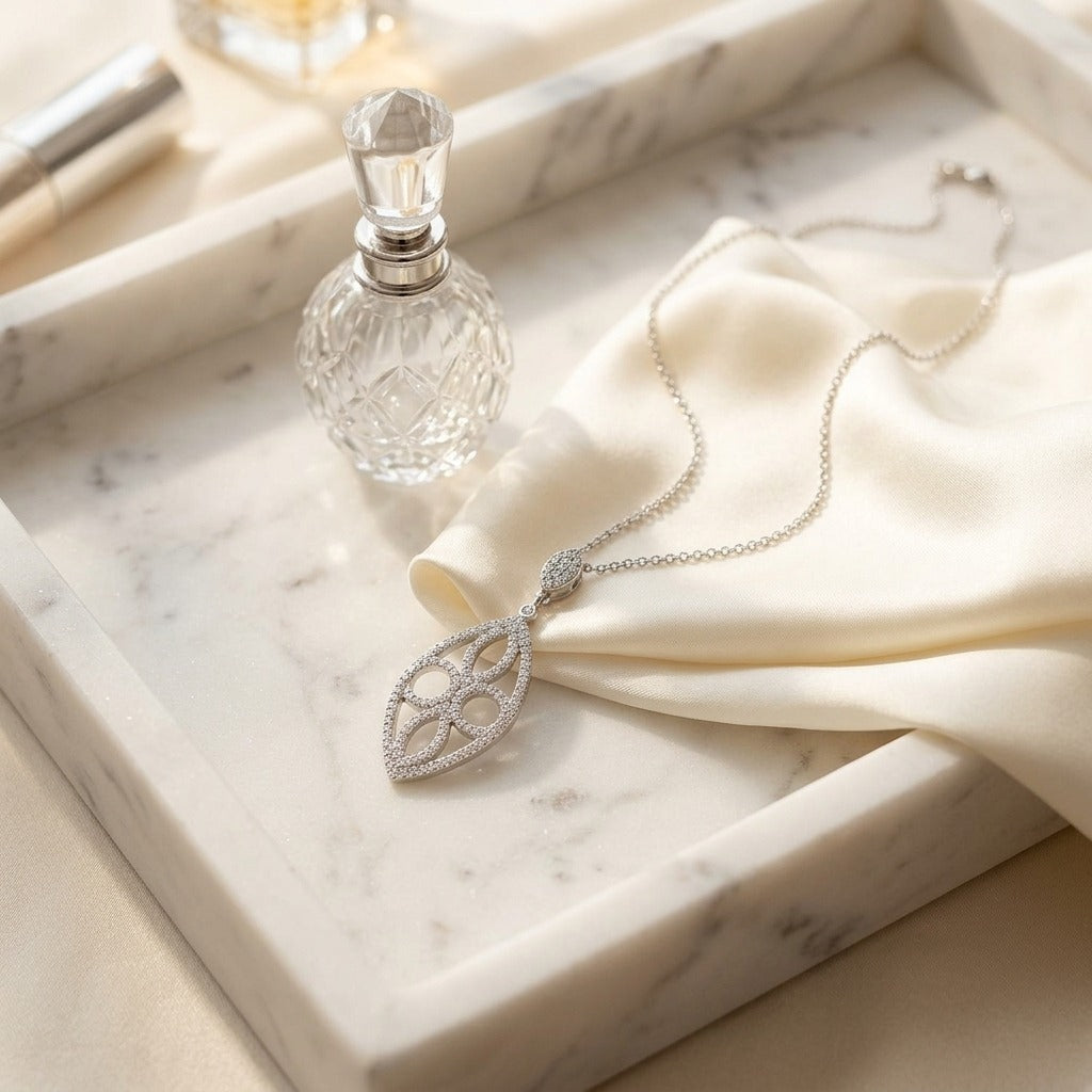 Marquise Shaped Diamond Pave Pendant In 14k White Gold — marble silk