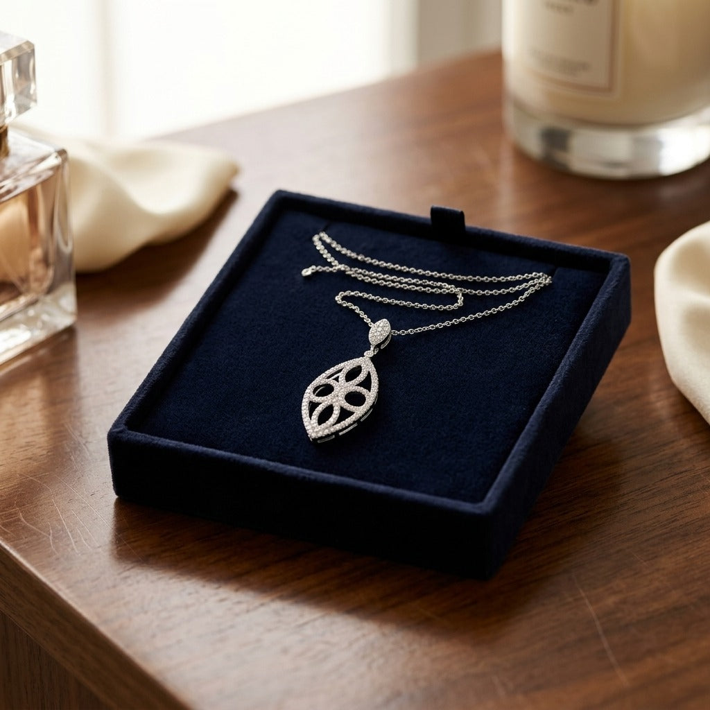 Marquise Shaped Diamond Pave Pendant In 14k White Gold — velvet box