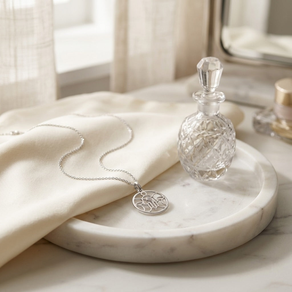 Diamond Khamsa Circle Pendant In 14k White Gold — marble silk