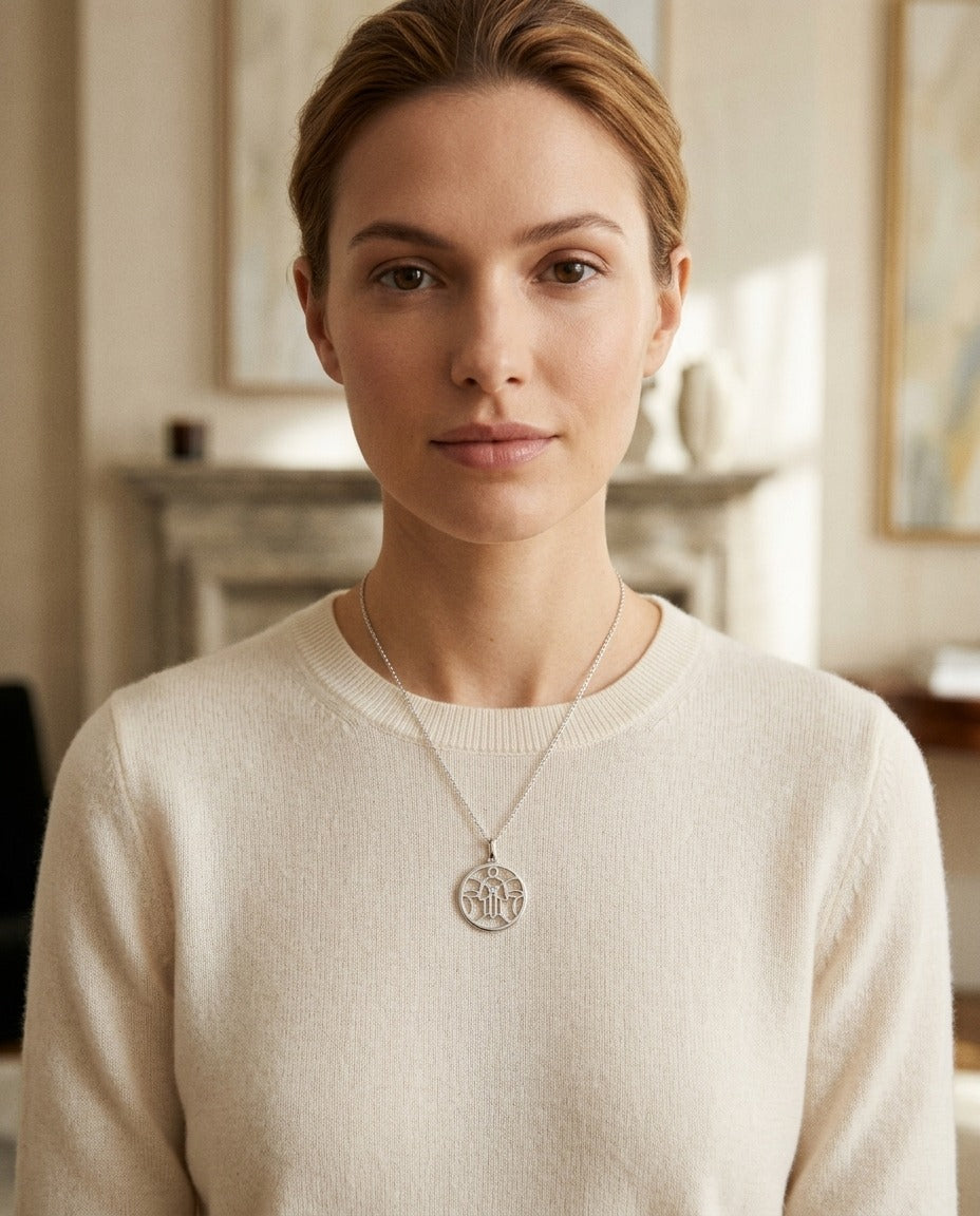 Diamond Khamsa Circle Pendant In 14k White Gold — portrait close