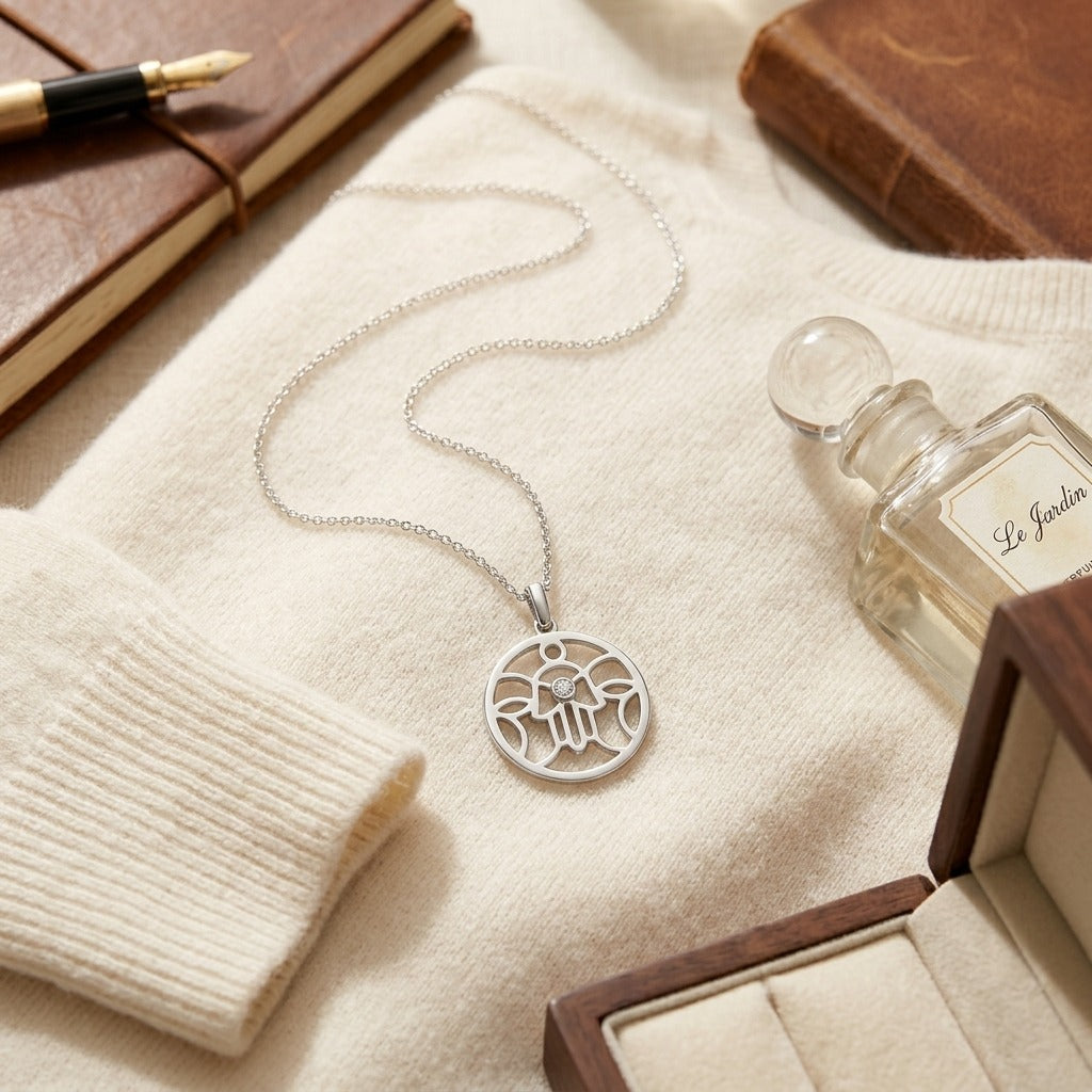 Diamond Khamsa Circle Pendant In 14k White Gold — textile flat lay