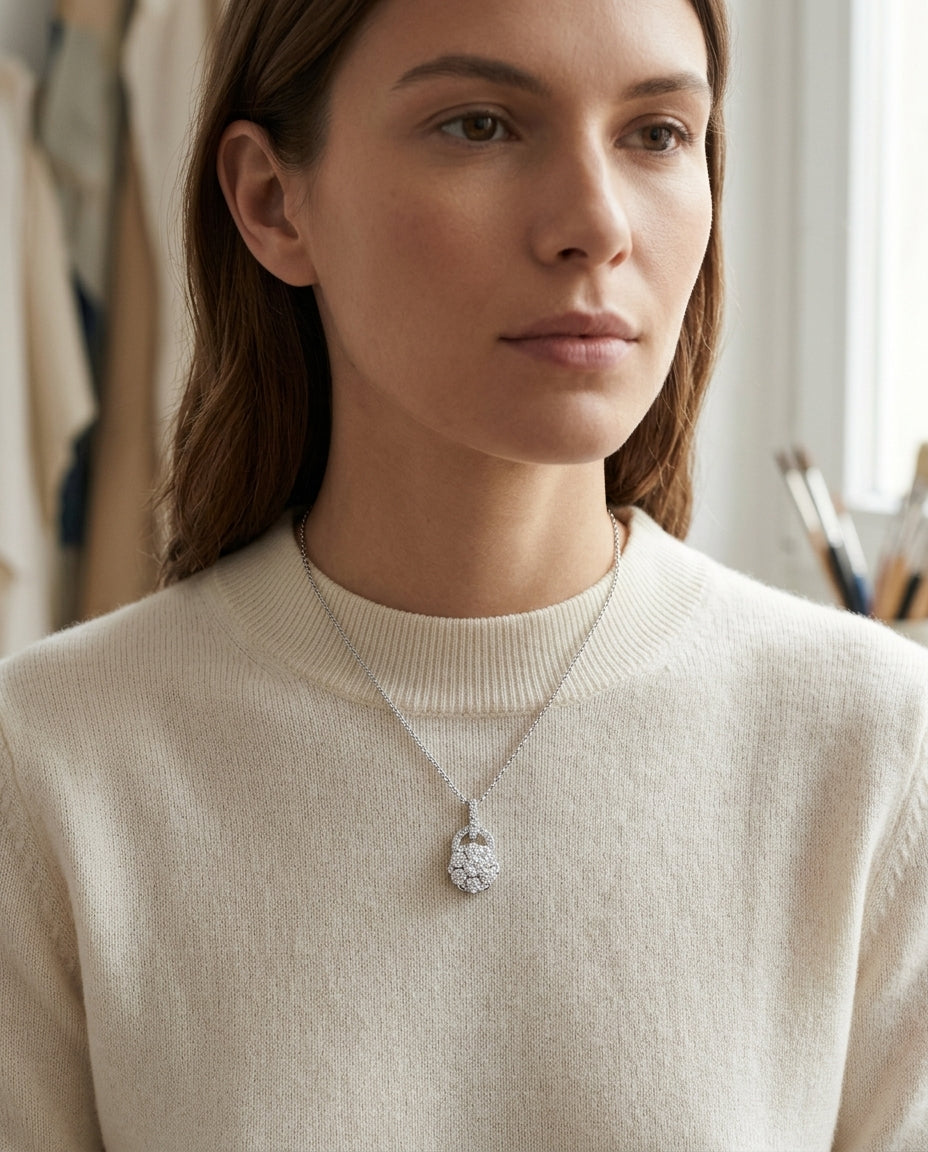 Diamond Arched Hinge Pendant In 14k White Gold — editorial close-up