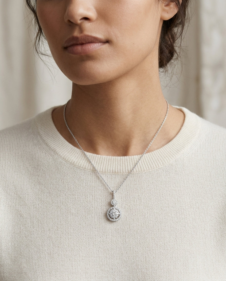 Diamond Stacked Circles Pendant In 14k White Gold — editorial close-up
