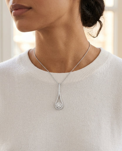Diamond Elongated Tear Drop Pendant In 14k White Gold — editorial close-up