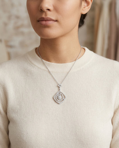 Diamond Geometric Pendant In 14k White Gold — editorial close-up