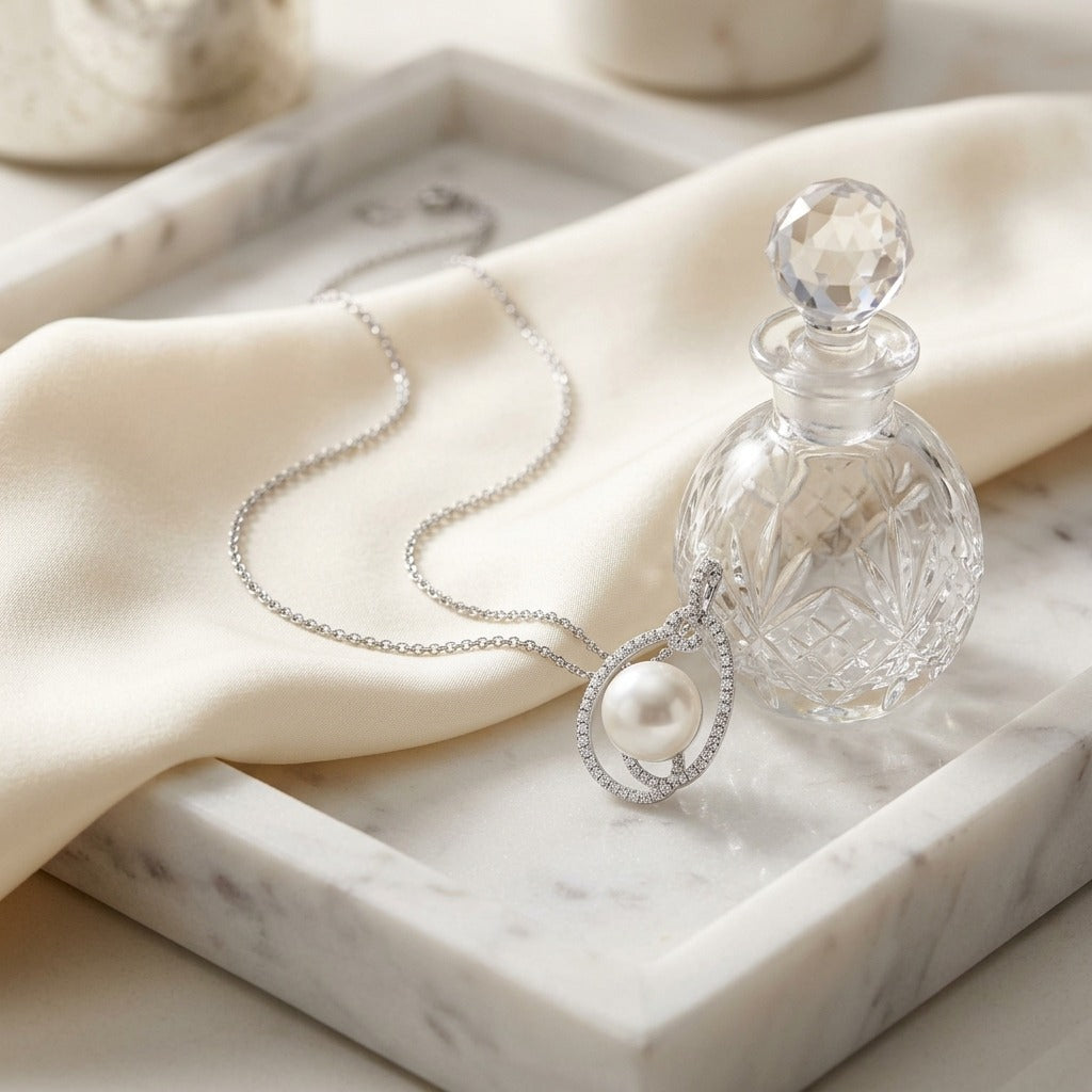 Freshwater Pearl And Diamond Swirl Pendant In 14k White Gold — marble silk