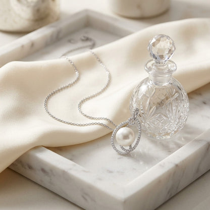 Freshwater Pearl And Diamond Swirl Pendant In 14k White Gold — marble silk