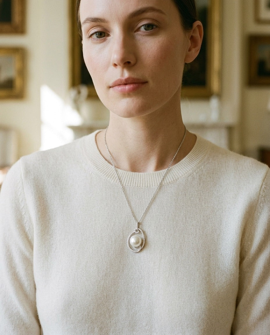 Freshwater Pearl And Diamond Swirl Pendant In 14k White Gold — portrait close