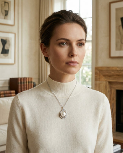Freshwater Pearl And Diamond Swirl Pendant In 14k White Gold — portrait full