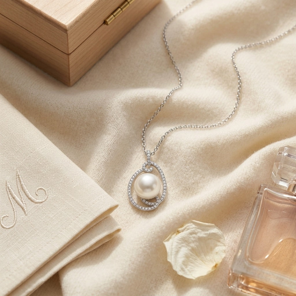 Freshwater Pearl And Diamond Swirl Pendant In 14k White Gold — textile flat lay