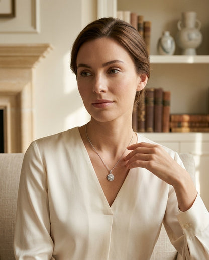 Diamond Double Halo Circle Pendant In 14k White Gold — portrait full