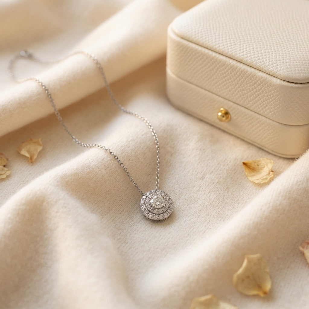 Diamond Double Halo Circle Pendant In 14k White Gold — textile flat lay