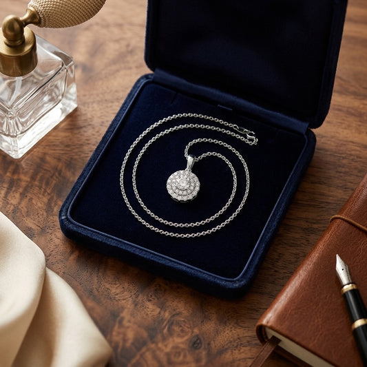 Diamond Double Halo Circle Pendant In 14k White Gold — velvet box