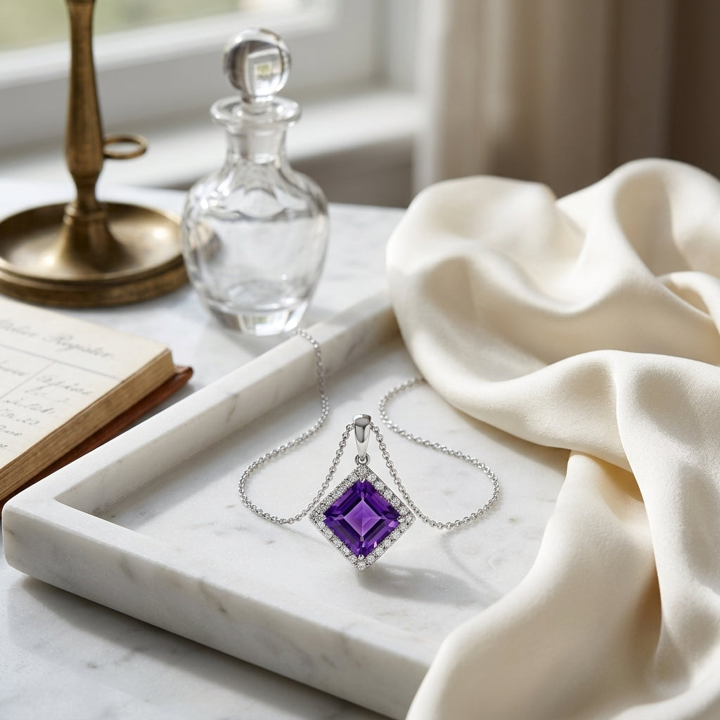 Amethyst Square And Diamond Pendant In 14k White Gold — atelier still life