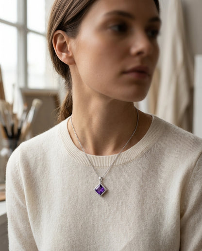 Amethyst Square And Diamond Pendant In 14k White Gold — editorial close-up