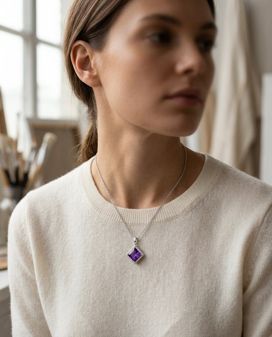 Amethyst Square And Diamond Pendant In 14k White Gold — editorial close-up