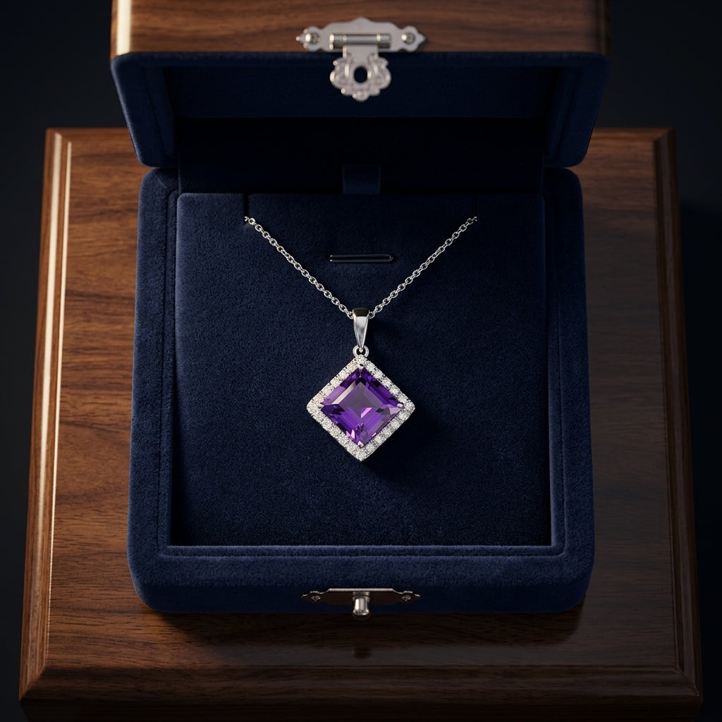 Amethyst Square And Diamond Pendant In 14k White Gold — gift presentation