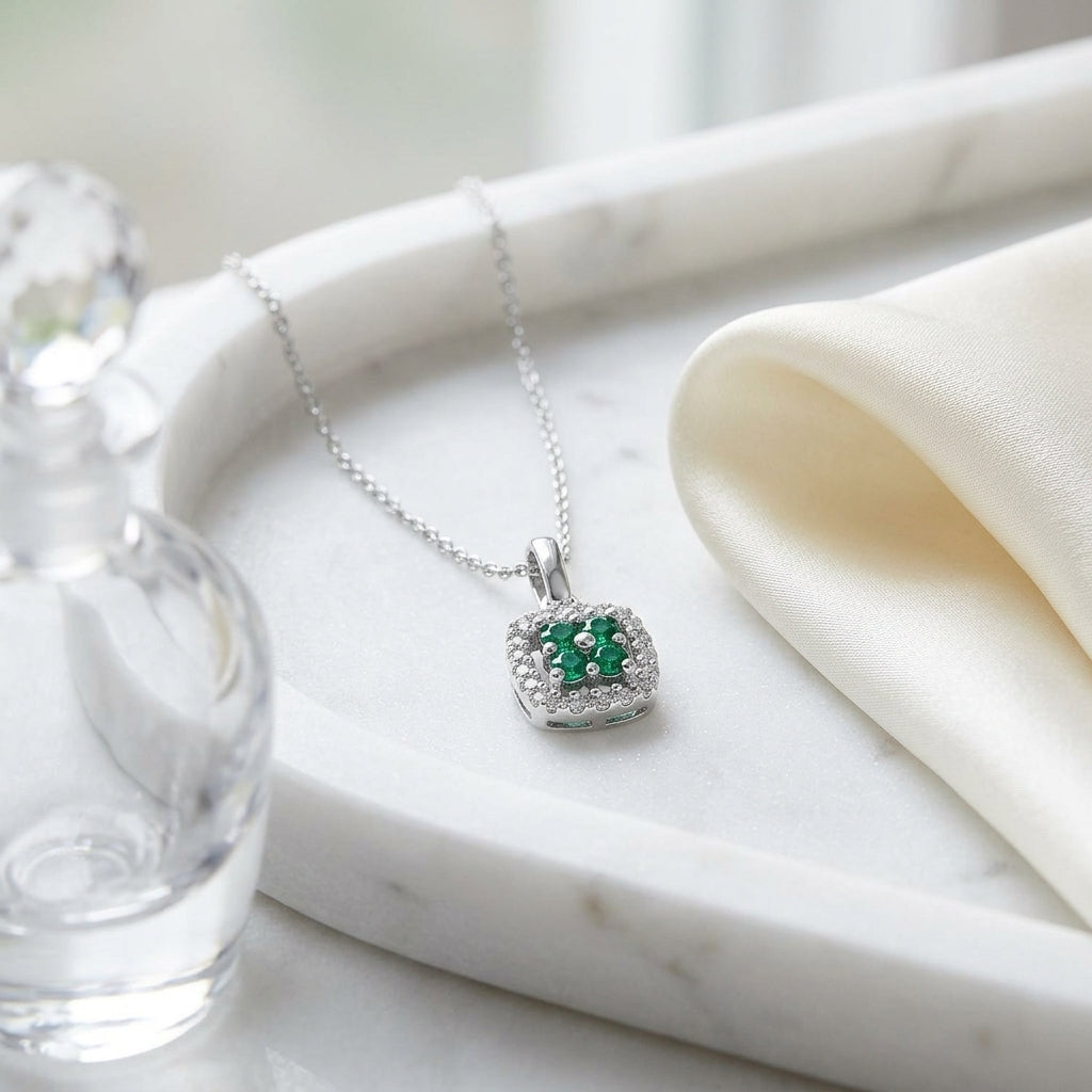 Created Emerald And Diamond Clover Pendant In 14k White Gold ( 18-in Curb Chain) — atelier still life