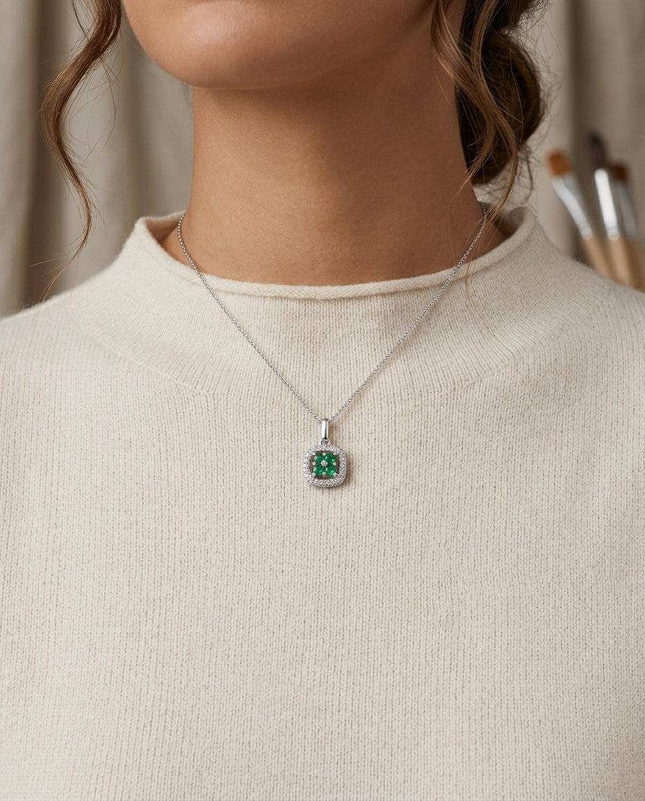 Created Emerald And Diamond Clover Pendant In 14k White Gold ( 18-in Curb Chain) — editorial close-up