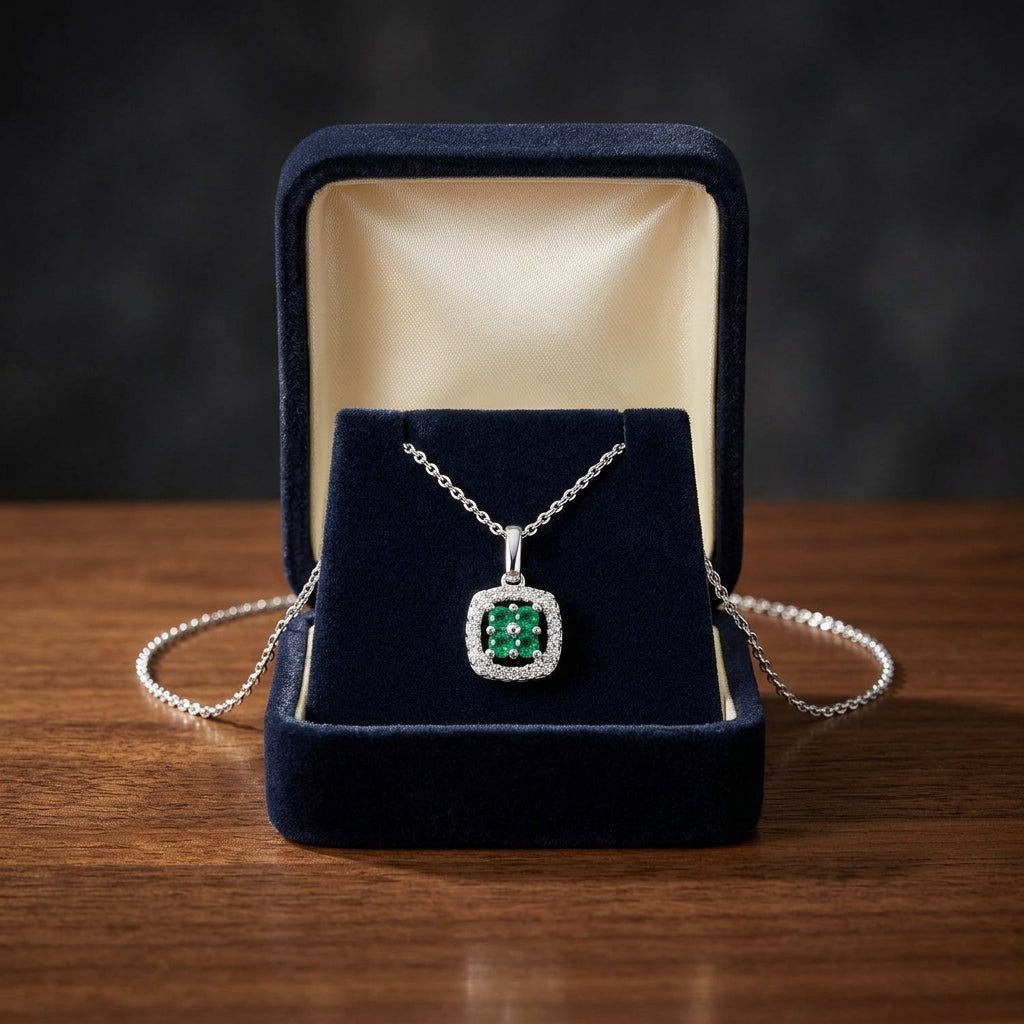 Created Emerald And Diamond Clover Pendant In 14k White Gold ( 18-in Curb Chain) — gift presentation