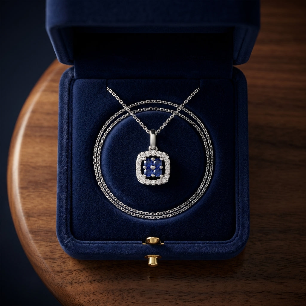 Sapphire And Diamond Floral Pendant In 14k White Gold — gift presentation
