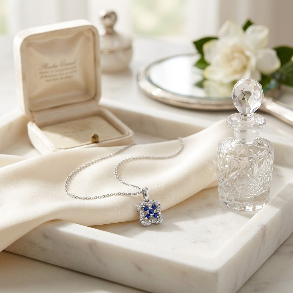 Sapphire and Diamond Floral Petal Pendant in 14k White Gold — marble silk