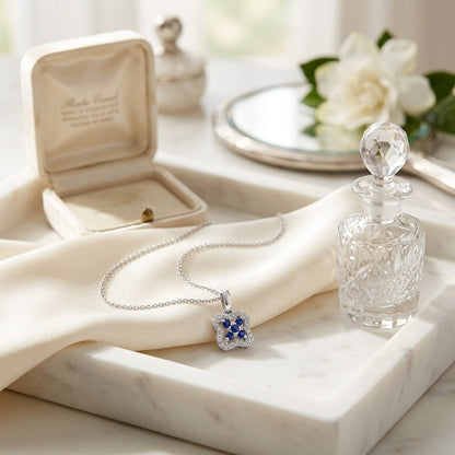 Sapphire and Diamond Floral Petal Pendant in 14k White Gold — marble silk