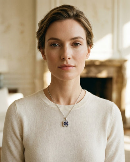 Sapphire and Diamond Floral Petal Pendant in 14k White Gold — portrait close