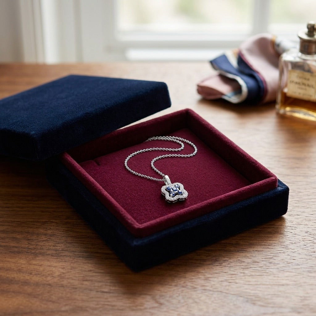 Sapphire and Diamond Floral Petal Pendant in 14k White Gold — velvet box