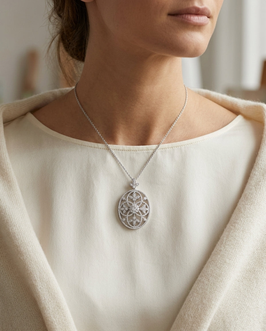 Diamond Edwardian Pendant In 14k White Gold — editorial close-up