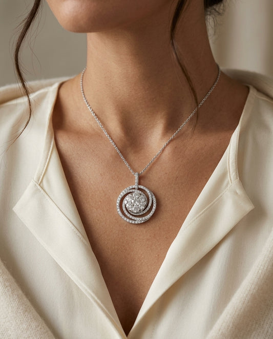 Diamond Circle Swirl Pendant In 14k White Gold 1.30ctw — editorial close-up