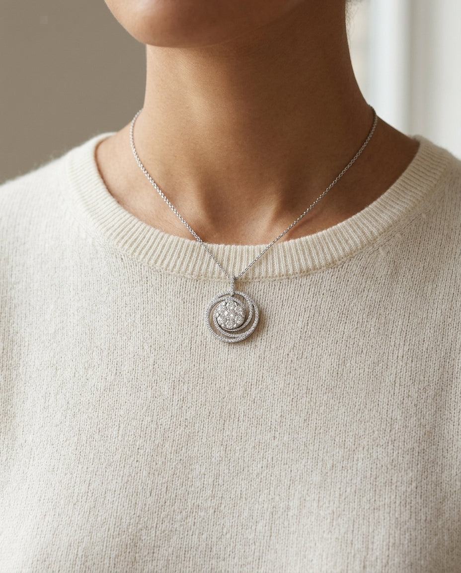 Diamond Circle Swirl Pendant In 14k White Gold 2.10ctw — editorial close-up