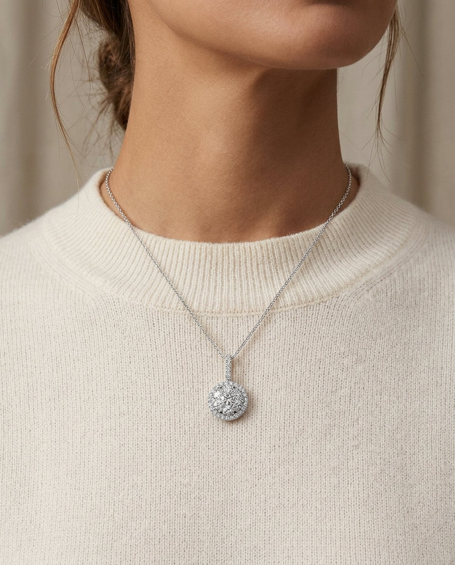 Diamond Pave Halo Pendant In 14k White Gold 1.10ctw — editorial close-up