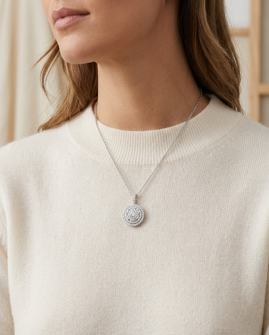 Diamond Double Entourage Pend In 14k White Gold — editorial close-up