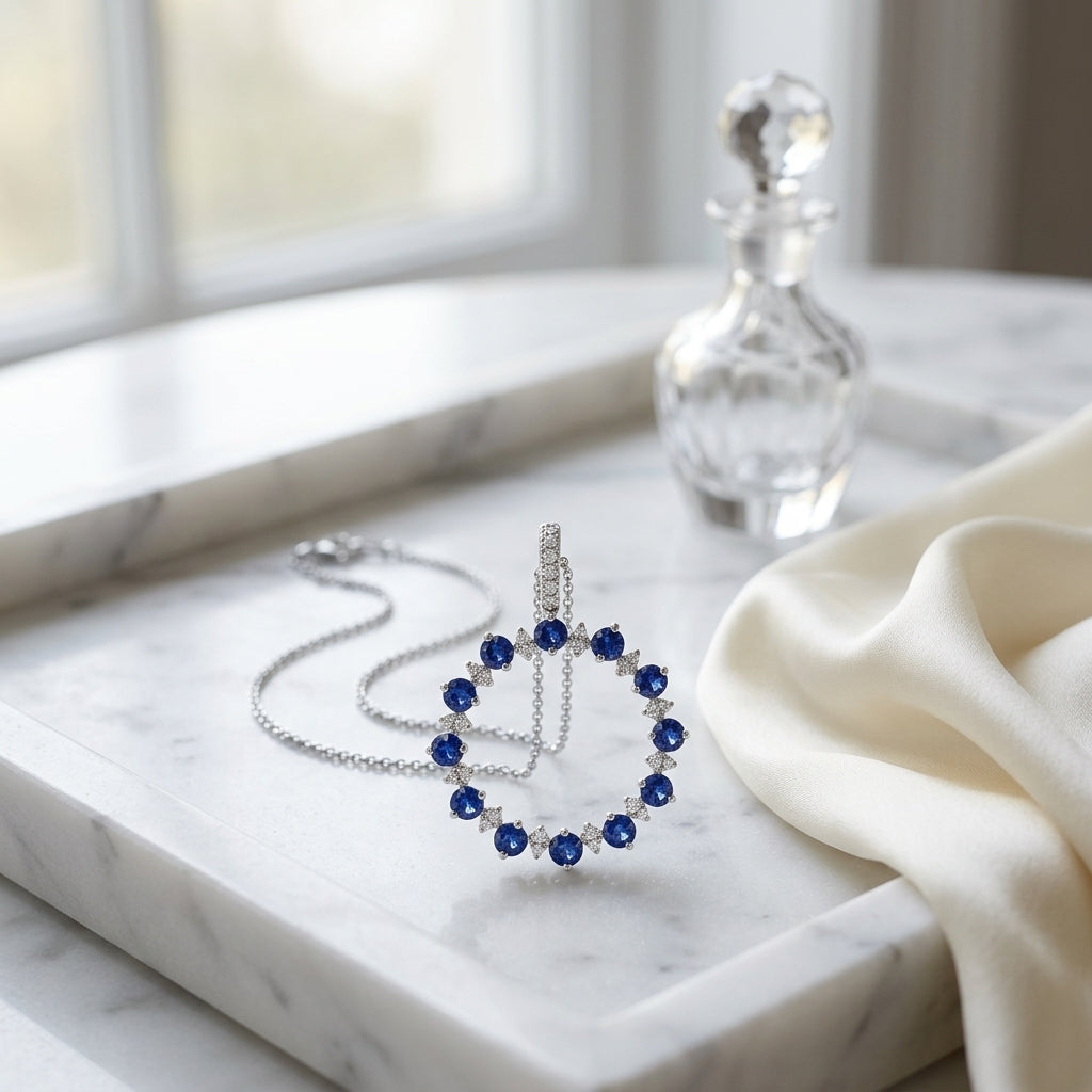 Sapphire And Diamond Prong Circle Pendant With Diamond Bale In 14k White Gold (18-in Curb Chain) — atelier still life