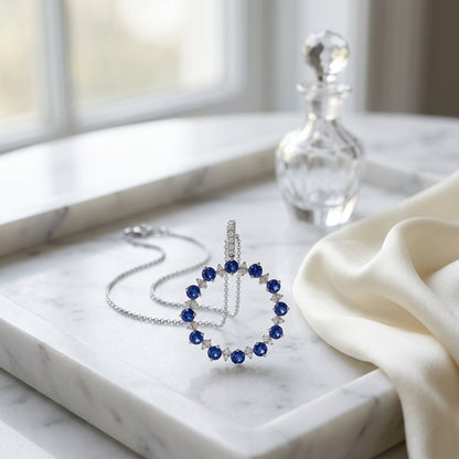 Sapphire And Diamond Prong Circle Pendant With Diamond Bale In 14k White Gold (18-in Curb Chain) — atelier still life
