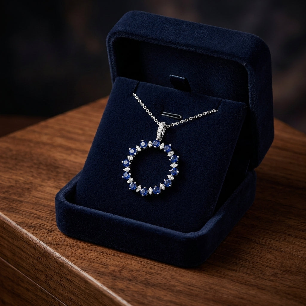 Sapphire And Diamond Prong Circle Pendant With Diamond Bale In 14k White Gold (18-in Curb Chain) — gift presentation