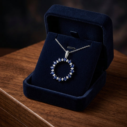 Sapphire And Diamond Prong Circle Pendant With Diamond Bale In 14k White Gold (18-in Curb Chain) — gift presentation