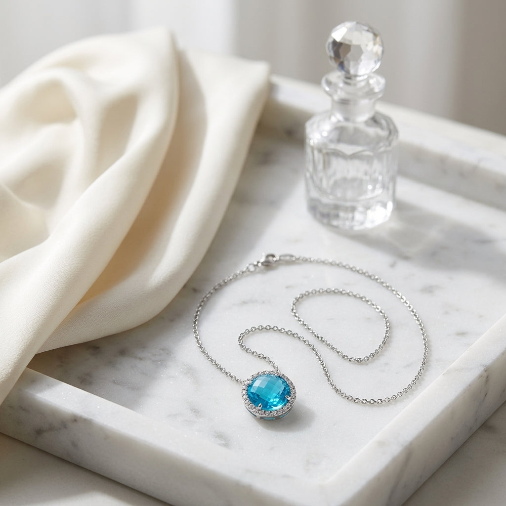 11mm Round Swiss Blue Topaz & Diamond Pendant In 14kw Gold — atelier still life