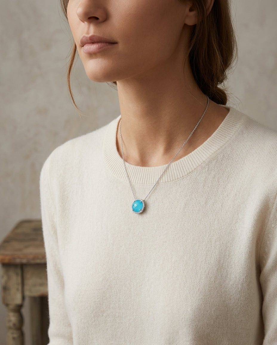 11mm Round Swiss Blue Topaz & Diamond Pendant In 14kw Gold — editorial close-up