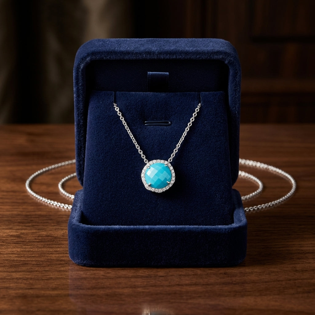 11mm Round Swiss Blue Topaz & Diamond Pendant In 14kw Gold — gift presentation