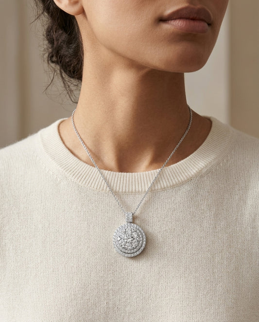 Diamond Cluster Shield Pendant In 14k White Gold 2.25ctw — editorial close-up